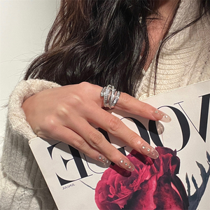 欧美设计感水钻锆石缠绕多层不规则高级感个性宽版开口戒指食指戒