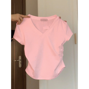 美式正肩粉色短袖t恤女夏季2024新款设计感辣妹褶皱v领短款上衣