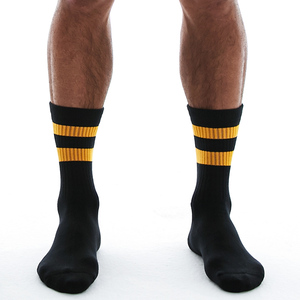 sockkon 男士毛巾底黑色黄两条杠条纹橙黄色运动袜高筒健身袜子