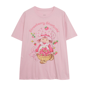 外贸夏季粉嫩甜美浅色清晰T恤 100%纯棉卡通动漫中长款大版上衣女