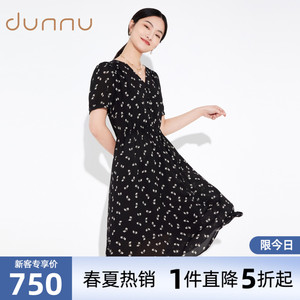 dunnu敦奴官方旗舰店22夏短袖v领x版型蝴蝶结印花中长款连衣裙