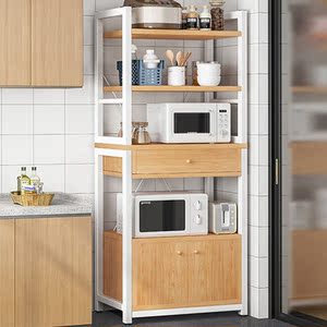 厨房置物架落地多层带柜门带抽屉家用储物柜锅具微波炉烤箱收纳架