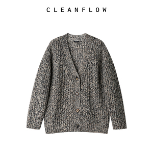 CLEANFLOW | 米石灰山羊绒粗棒针织开衫女毛衣长袖牛角扣宽松外套