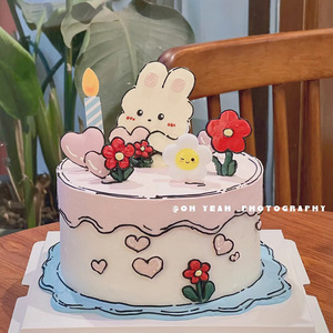 兔年兔宝宝周岁满月白天小兔子花朵卡通二次元萌兔园艺蛋糕配件款