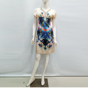 杭州丝绸专柜正品S1F3YY绝版特价喷绘连衣裙彩纹短袖桑蚕丝中裙