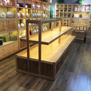 新中式实木茶叶茶具展示柜瓷器多层中岛柜老榆木陈列柜多功能货架