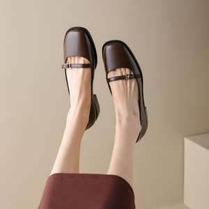 复古圆头粗跟平底单鞋女2022春秋新款百搭真皮玛丽珍小皮鞋奶奶鞋