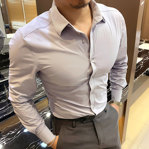 辉先生高弹力长袖衬衫男士修身刺绣休闲免烫薄款肌肉男衬衣健身潮