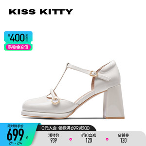 Kiss Kitty玛丽珍小皮鞋2022复古粗跟包头高跟凉鞋女SA32154-83