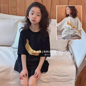 波拉亲子BORAQIN韩国童装2024夏儿童香蕉印花纯色字母短袖T恤百搭