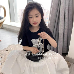 波拉亲子BORAQIN韩国童装2024夏儿童卡通爱心小熊流苏纯色短袖T恤