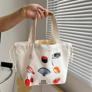 日式可爱卡通帆布手拎包便携束口抽绳收纳包手提饭盒袋午餐便当包