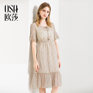 欧莎女装旗舰店正品osa2018夏装新款女装清新文艺印花短袖连衣裙