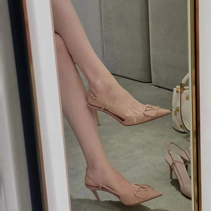 裸色高跟鞋设计感小众气质名媛2024年新款法式V家尖头细跟凉鞋女