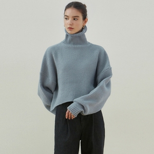 haru韩代 | nick nicole设计感高领粗针织套头长袖灰蓝色毛衣