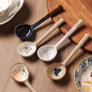 日式陶瓷小勺子家用长柄喝汤可爱调羹粗陶汤匙创意高颜值吃饭汤勺