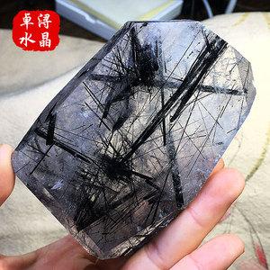 天然黑发晶黑碧玺随形水晶原石打磨把玩家居书房办公桌面饰品摆件