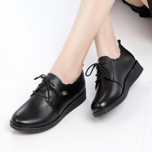 春秋雪地意尔康平底小皮鞋女黑色真皮系带工作鞋女士妈妈软皮单鞋