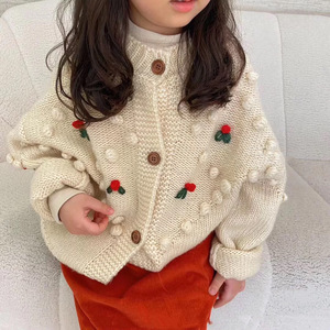 儿童毛衣开衫秋冬新款韩版洋气女童花朵针织衫女宝复古球球毛线衫