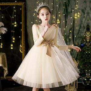 女童连衣裙2024新款春秋红色气质主持人秋冬洋气时髦白色蓬蓬裙子