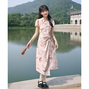 罐头裙子女夏季新中式国风蝴蝶印花改良日常可穿旗袍连衣裙士多所