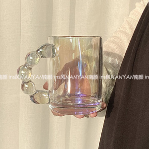 简约小众玻璃杯博主同款糖葫芦手柄马克杯咖啡杯珠光色仙女泡泡杯
