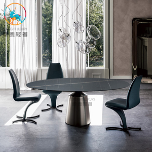 意大利进口内嵌式岩板圆形异形餐桌不锈钢玫瑰金底座家用小户型