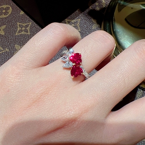 甜心锦簇双心浓郁鸽血红宝石戒指女纯银朱砂红钻戒时尚高级感个性