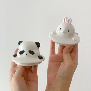 可爱小兔子猫咪熊猫陶瓷防尘马克杯杯盖动物罐子茶壶盖子情侣配件