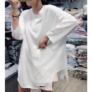 下摆破洞t恤女加厚
