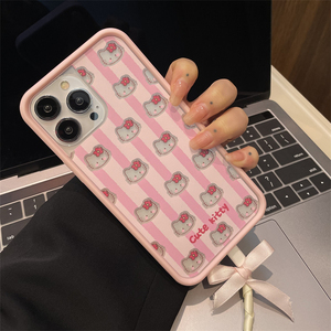 日韩可爱卡通简约小众少女甜美条纹HelloKitty头套适用苹果15promax手机壳ins风iphone14全包防摔12双层13硬