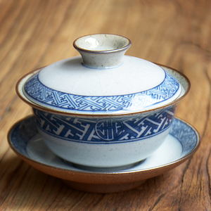 微瑕粗陶青花瓷三才盖碗茶杯单个功夫茶泡茶杯盖碗不烫手冲茶盖碗