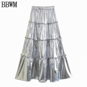 BBWM 新款 欧美女装小众设计感金属高腰中长款蛋糕半身裙