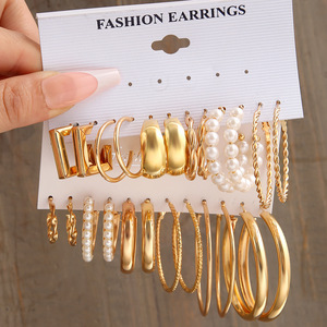 earrings women 金属耳圈复古耳饰赫本风耳环套装6件套earring