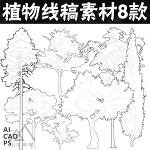 景观建筑手绘ai/cad立面树线稿植物psd分层素材线稿风植物ps素材