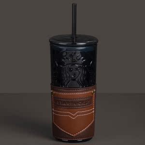 星巴克父亲节男士礼物黑色皮套女神竖纹 浮雕 吸管杯 玻璃 咖啡杯