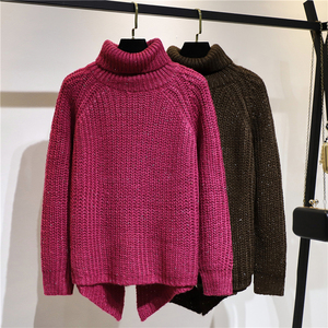 粗线宽松毛衣女慵懒风秋冬外穿百搭韩版套头开叉亮丝针织毛线衣厚