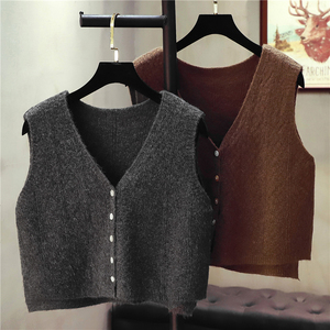 v领针织马甲女宽松春秋百搭韩版高腰短款无袖毛衣背心小开衫坎肩