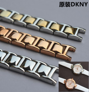 DKNY唐可娜儿手表带女装实心不锈钢表链凹口女士银金色玫瑰金属带
