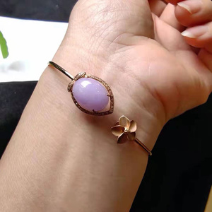 紫色蛋面翡翠玉金手镯 镶嵌18k黄金伴钻 天然缅甸翡翠a货带证