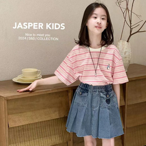 现货Jasper波拉韩国童装女童条纹短袖T恤2024夏款儿童宽版上衣