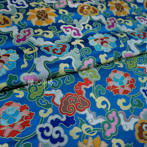 天蓝色祥云如意卷草纹宝相花莲花中国风织锦缎布料丝绸缎子面料