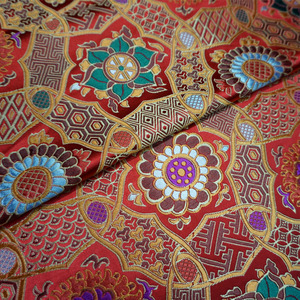 大红色中国风和风什锦宝相花纹样织锦缎布料汉服手工丝绸缎子面料