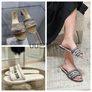 代购dior/迪奥 新款老花刺绣字母logo拖鞋一字带水钻粗跟高跟鞋女