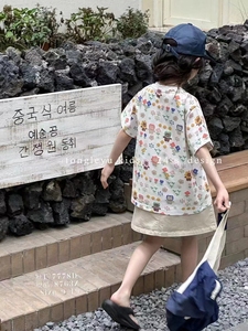 童乐鱼品牌童装韩国小熊花朵满印短袖T恤甜美可爱休息亲子上衣