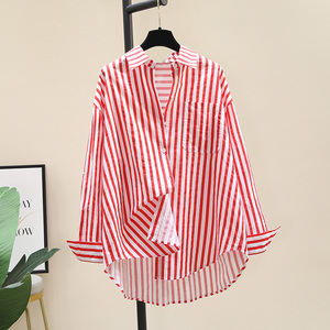 红色条纹衬衫女2024年新款韩版宽松休闲设计感小众衬衣长袖防晒衣