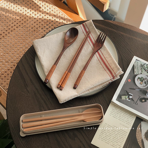 木质筷子勺子套装盒上班族便携叉勺日式餐具学生三件套单人装家用