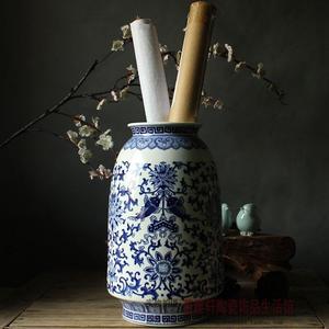 景德镇青花瓷器陶瓷花瓶现代中式陶瓷画缸书房办公室客厅画筒摆件