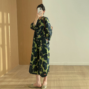 小众设计师梅花太阳花印花直筒系带纯棉中长款连衣裙女夏季衬衫裙