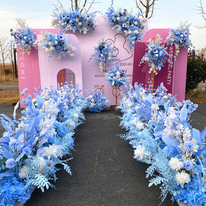 新款蓝色系全套仿真花排婚礼舞台地排花路引花器迎宾区装饰花艺